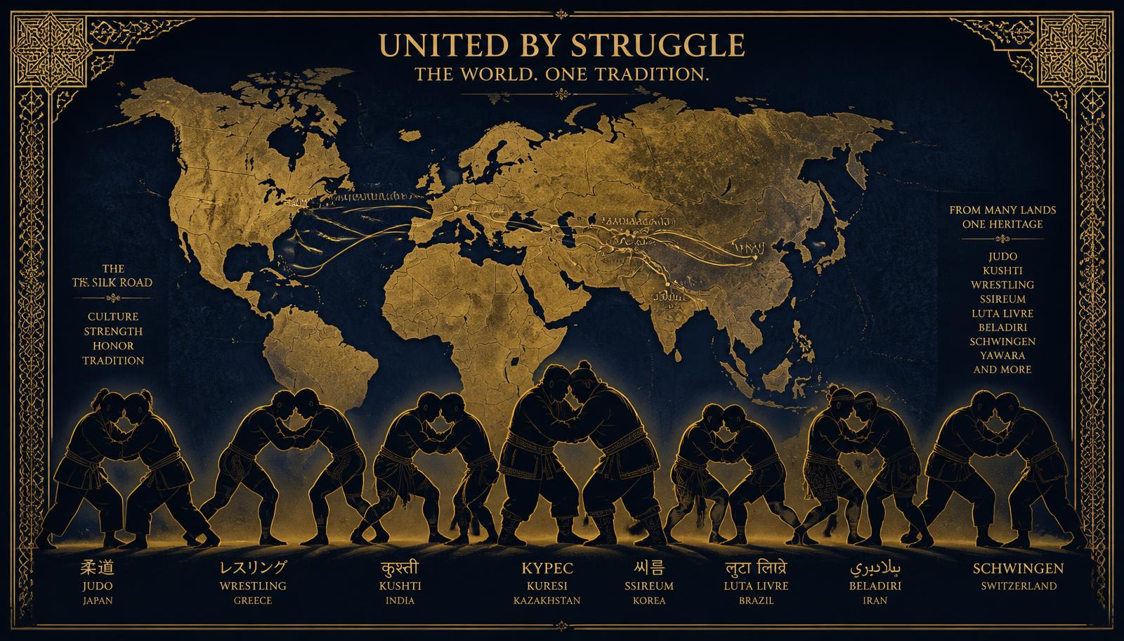 Silhouettes of wrestlers from many cultures over a golden Silk Road world map